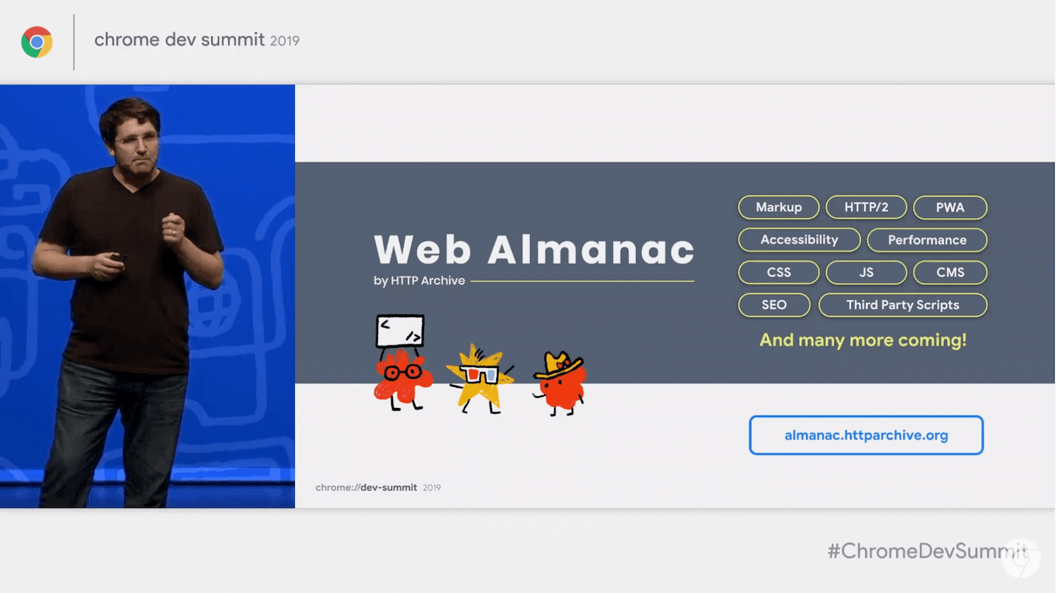 Dion Almaer apresentando Web Almanac no CDS 2019.