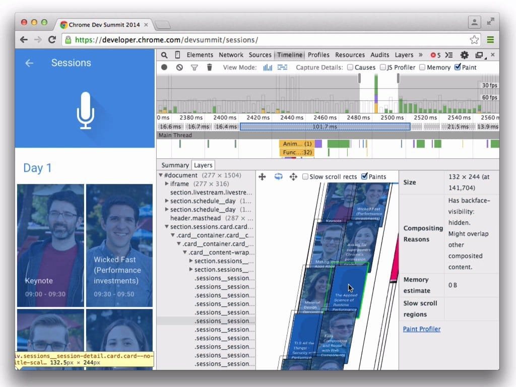 La visualizzazione del livello in Chrome DevTools.