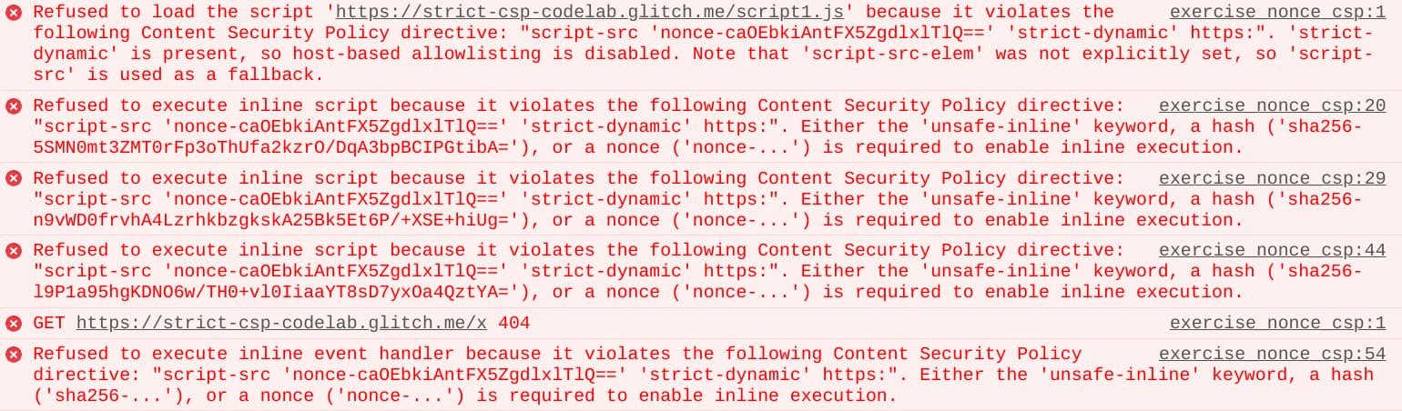 Report sulle violazioni del CSP nella console di sviluppo di Chrome.