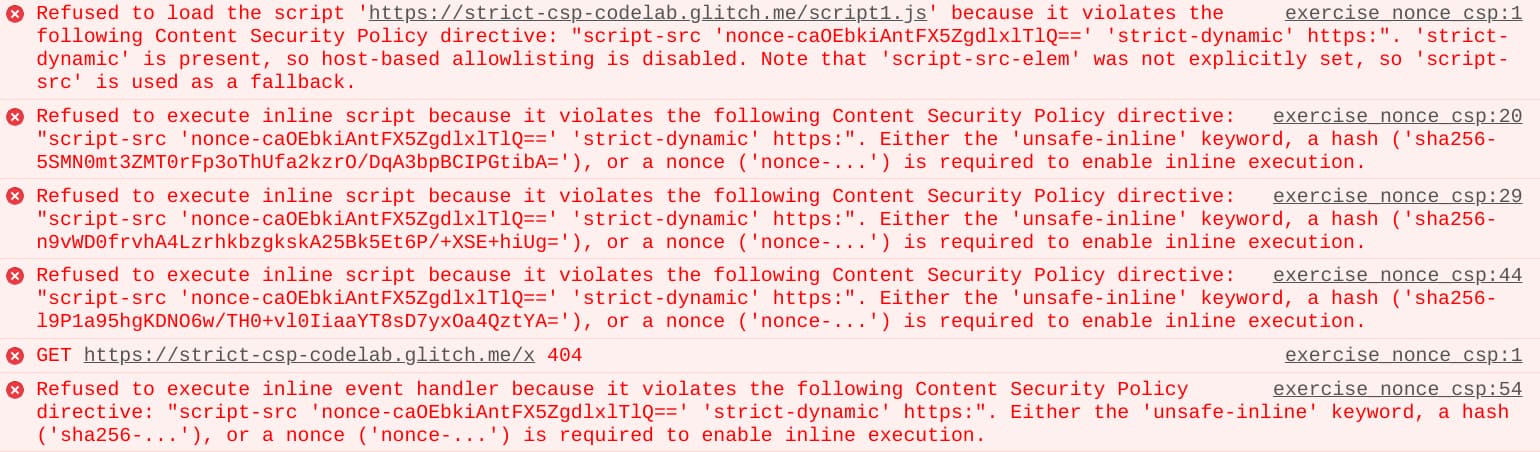 Báo cáo về lỗi vi phạm CSP trong bảng điều khiển dành cho nhà phát triển của Chrome.