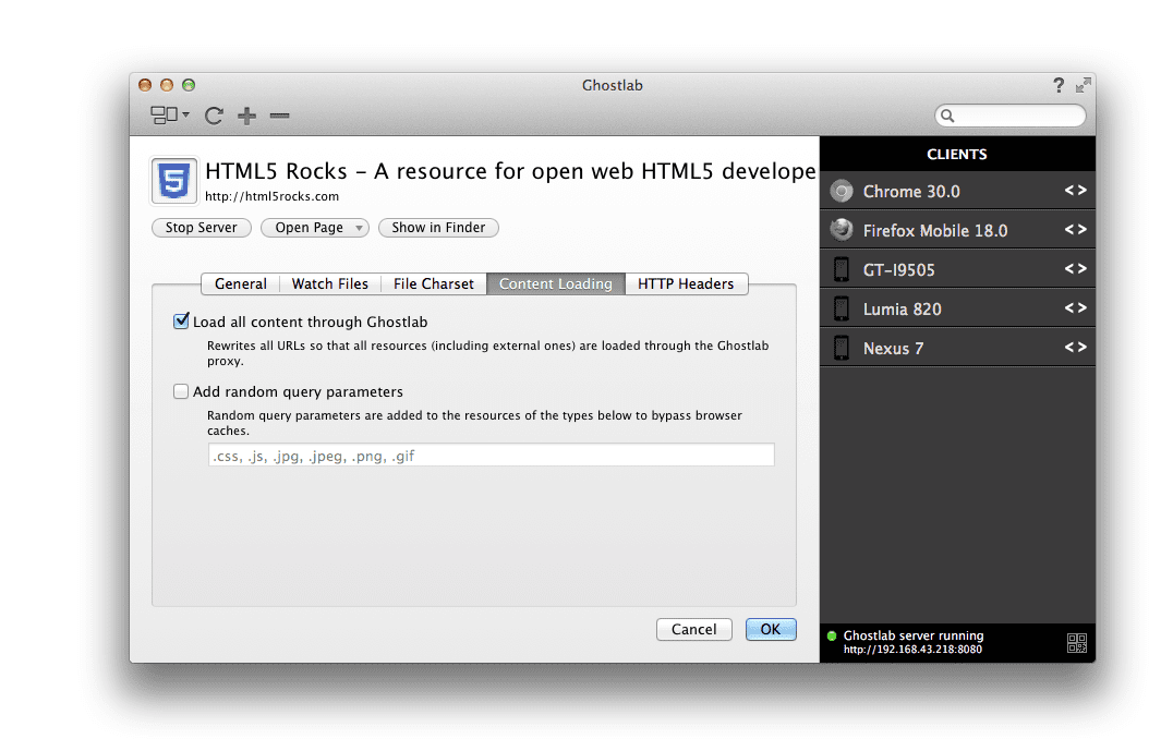 Ghostlab có thể viết lại URL để tất cả tài nguyên được tải thông qua proxy Ghostlab. Hữu ích cho việc đồng bộ hoá các thao tác điều hướng đến nhiều trang