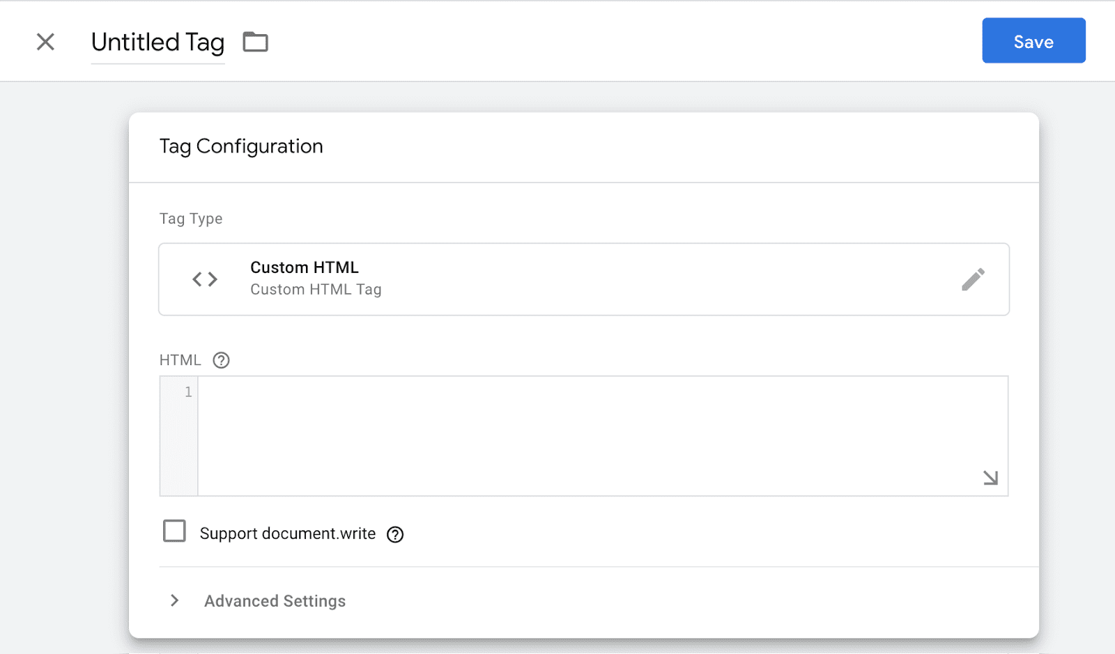 Captura de pantalla de la creación de una etiqueta personalizada en Google Tag Manager