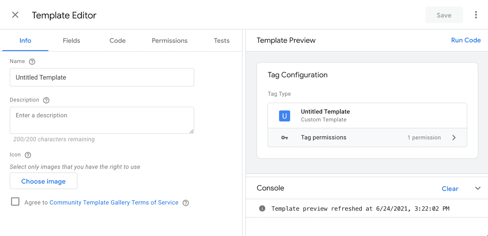 Google Tag Manager में कस्टम टेंप्लेट का इस्तेमाल करने का स्क्रीनशॉट