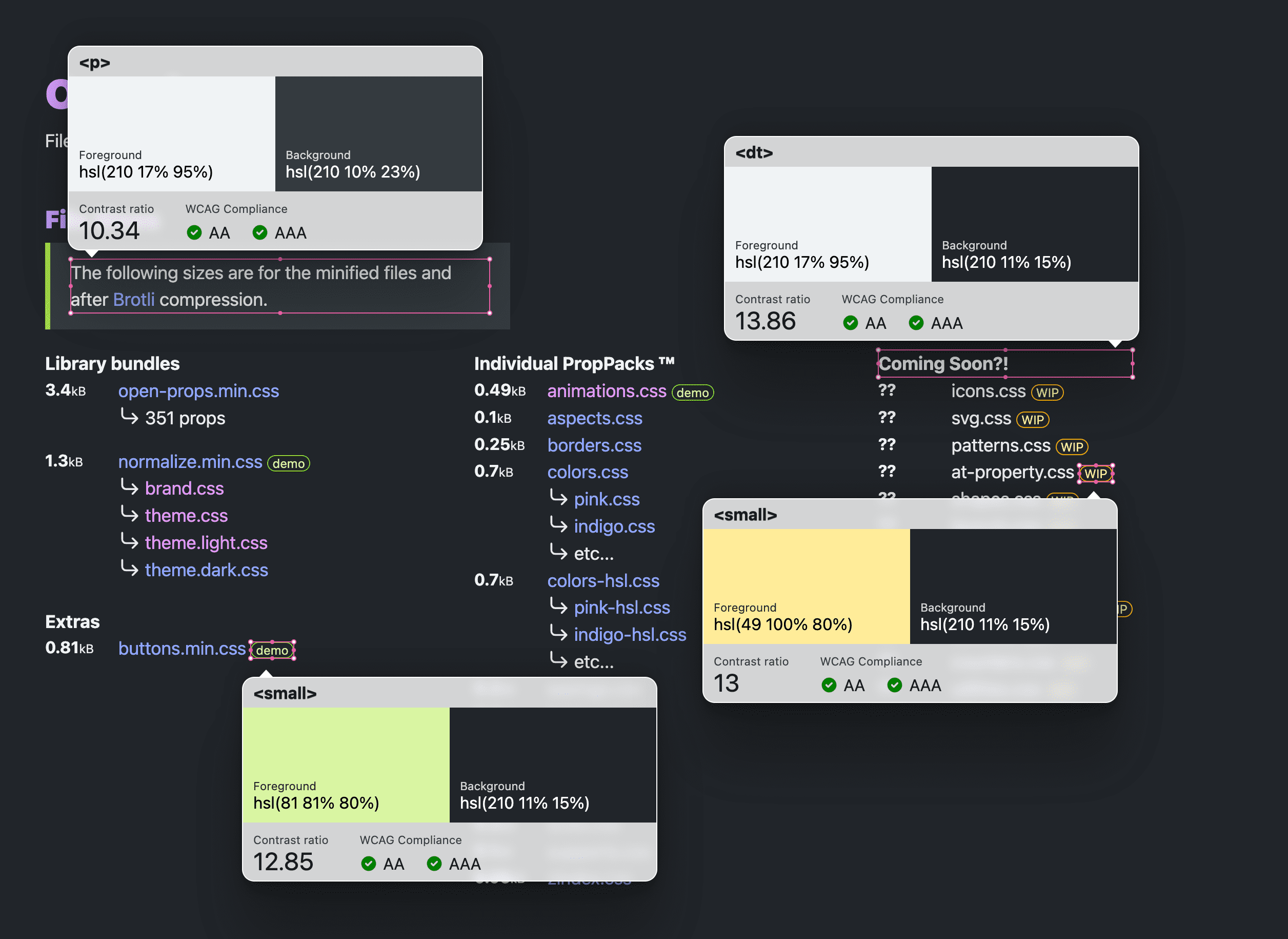 ウェブページ上のリンクのリストが複数の VisBug ユーザー補助オーバーレイとともに表示され、検出されたテキストと背景色のコントラストがそれぞれコンテキストに応じて示され、報告されます。