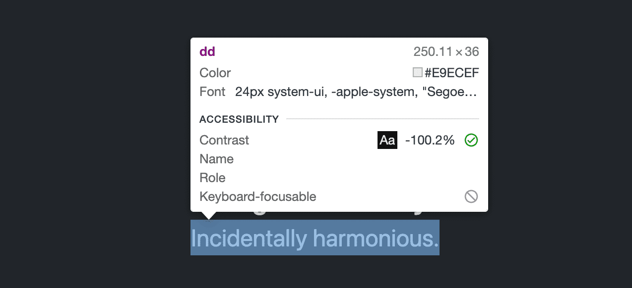 Tooltip elemen inspeksi Devtools menampilkan -100,2% untuk skor kontras pada elemen dd.