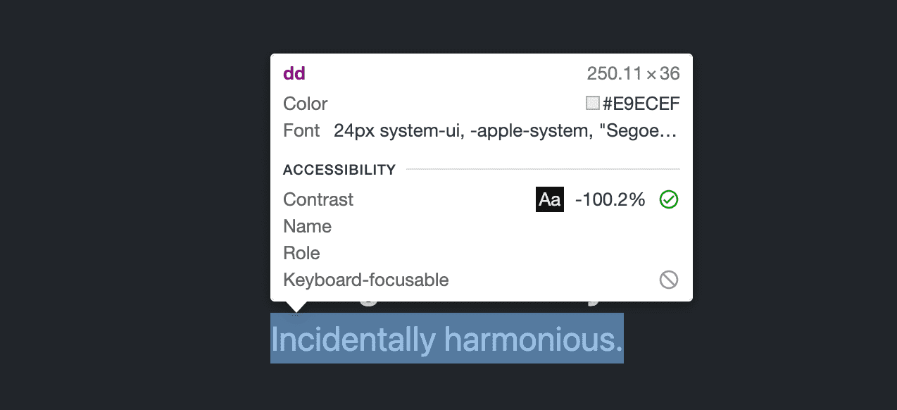 A dica do elemento de inspeção de ferramentas Devtools mostra um valor de -100,2% para a pontuação de contraste de um elemento dd.