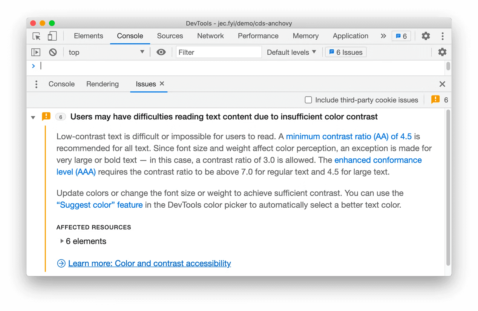 Screenshot of the Issues panel inside the Console, it reports 6 errors around contrast.