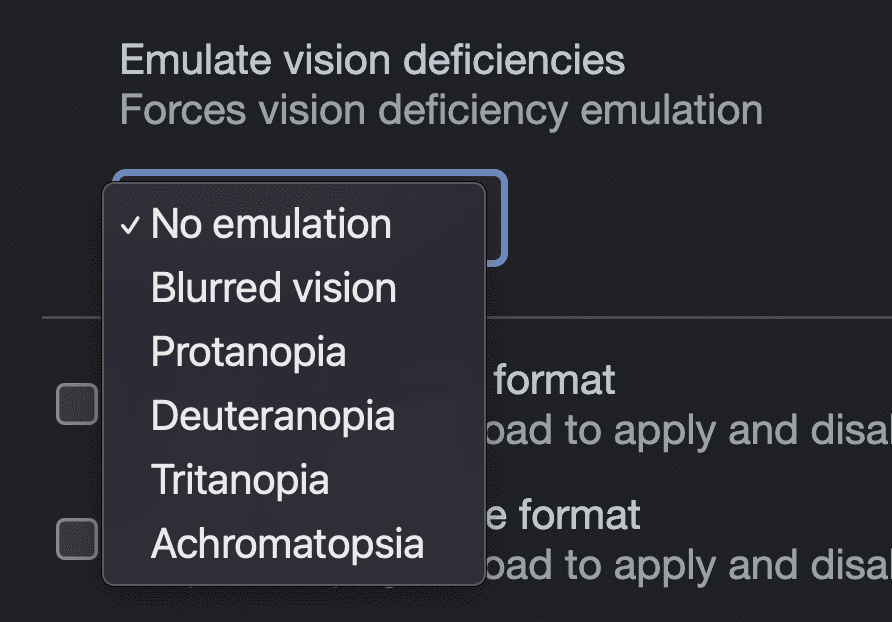 Screenshot opsi di DevTools emulasi untuk mengemulasikan kekurangan daya penglihatan: tidak ada emulasi, penglihatan buram, protanopia, deuteranopia, tritanopia, achromatopsia.