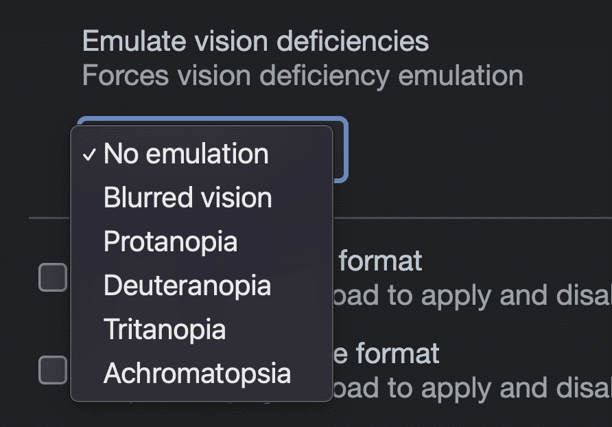 Zrzut ekranu przedstawiający opcje emulacji w Narzędziach deweloperskich do emulowania zaburzeń widzenia: brak emulacji, nieostre widzenie, protanopia, deuteranopia, tritanopia, achromatopsja.