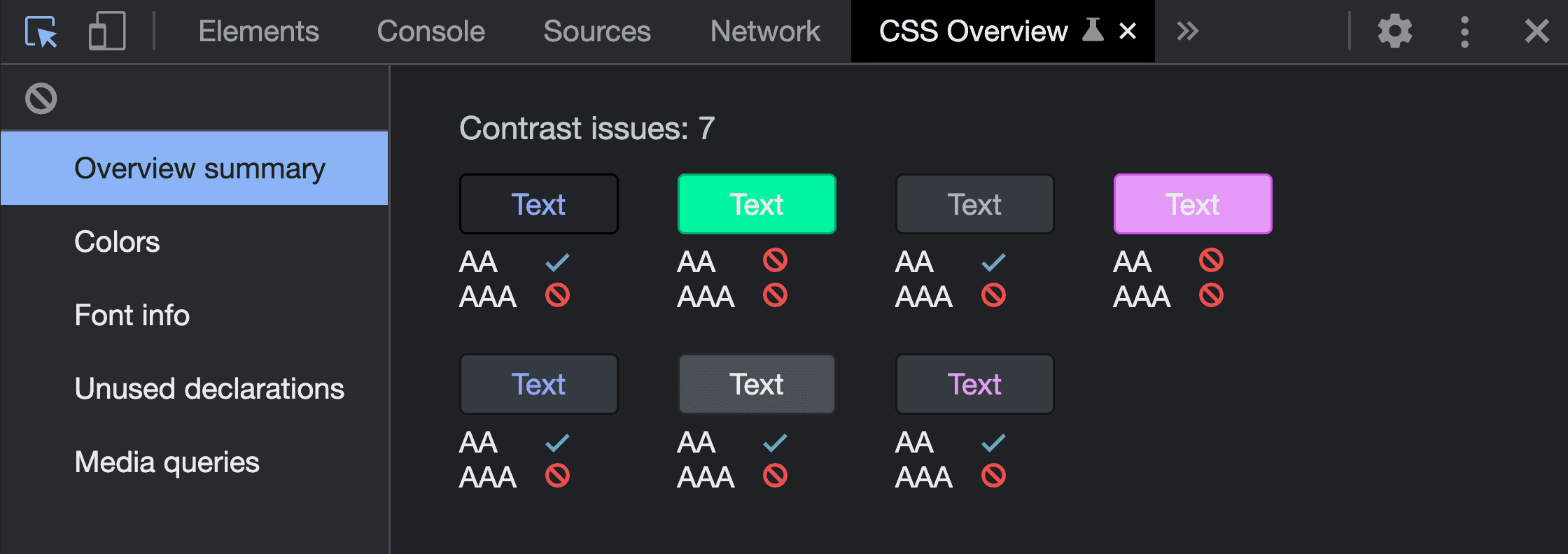 Captura de tela do resumo da visão geral da execução da ferramenta de captura de visão geral de CSS. Ele mostra sete problemas de contraste, mostrando os pares de cores descobertos e os resultados de falha.