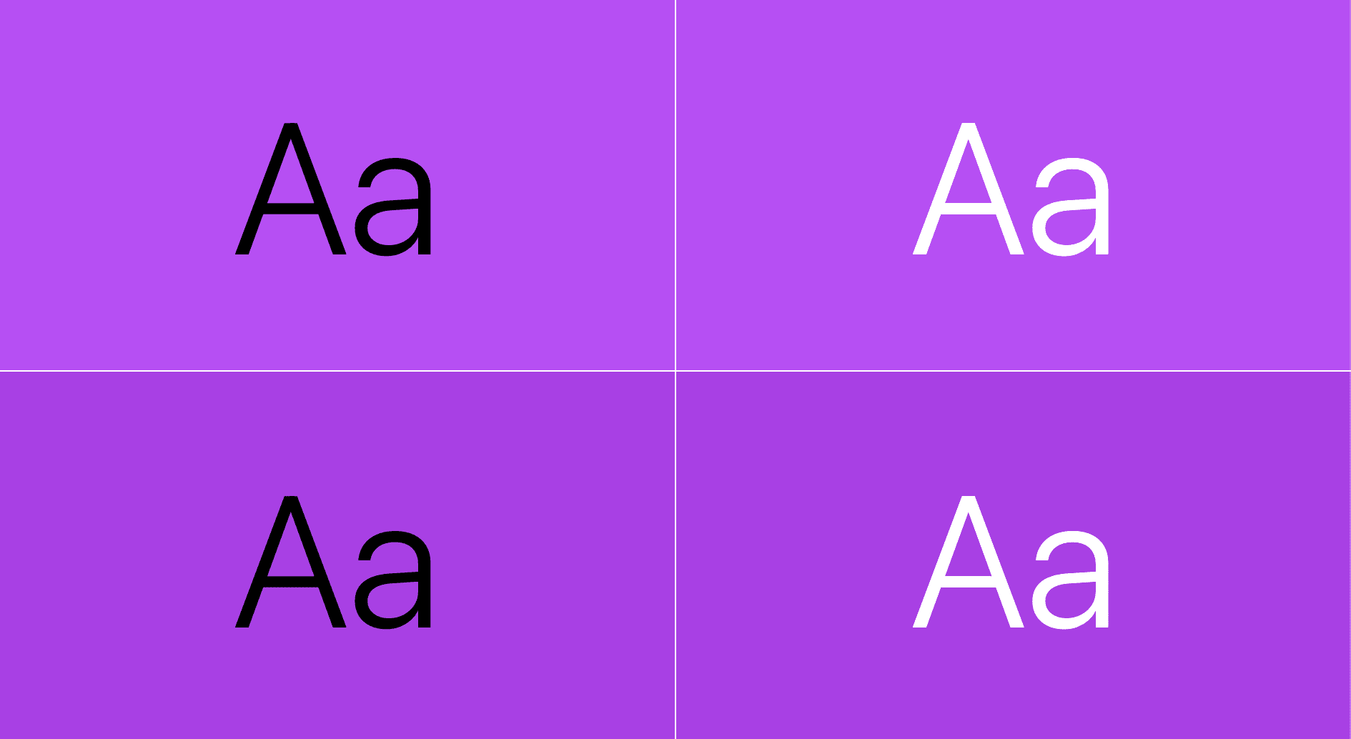 Текст отображается поверх фиолетового цвета: одна пара — черный текст поверх фиолетового, а другая — белый текст поверх фиолетового.