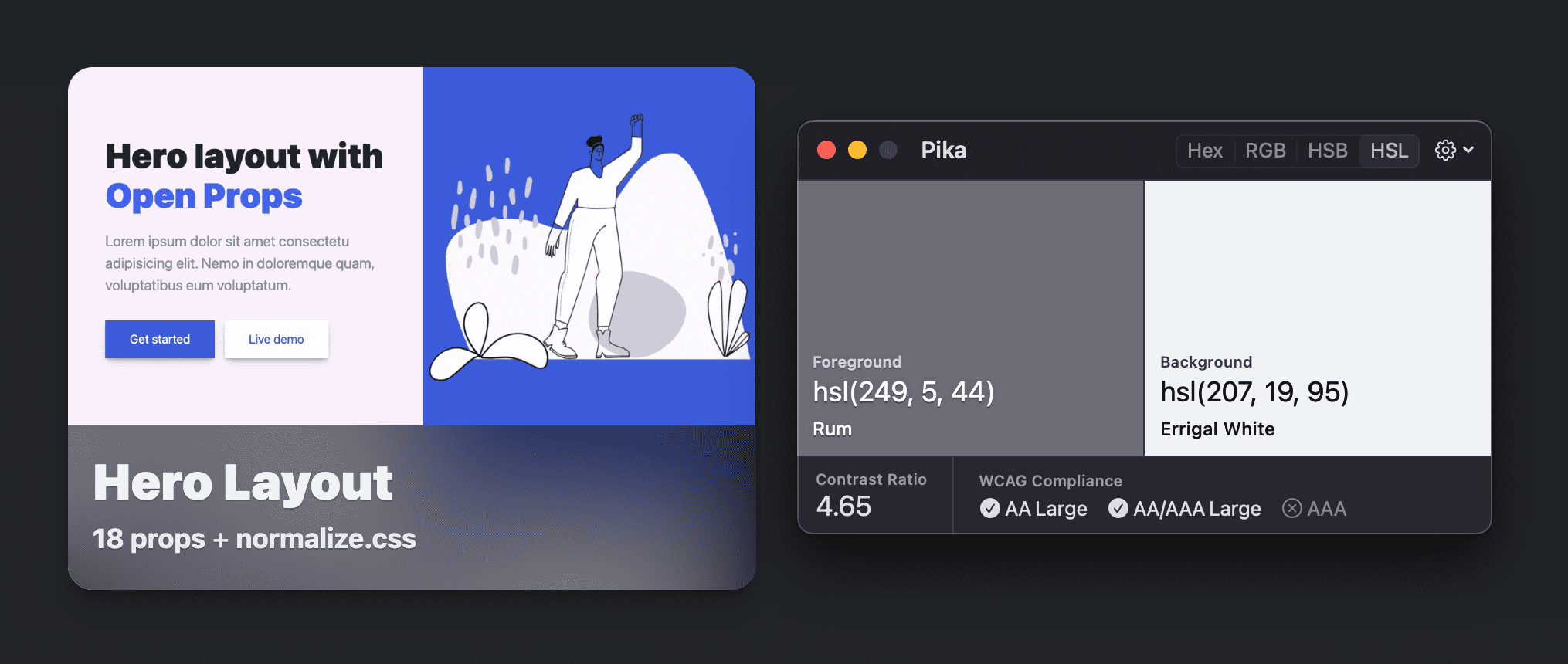 兩個看起來像灰色，但實際上是飽和度極低的紫色，從有模糊半透明標題的圖片中比較，對比率為 4.65，且符合 AA 目標。