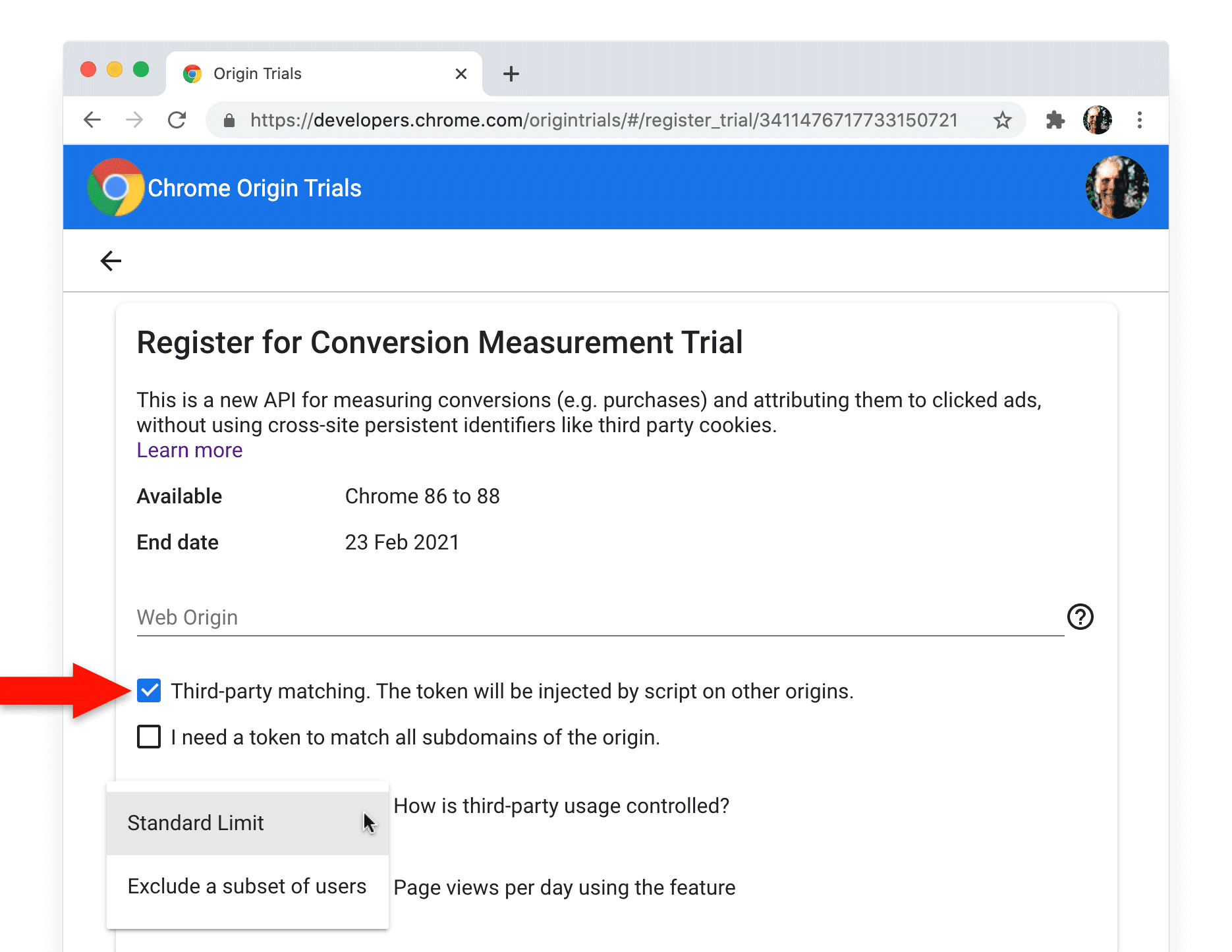 La página de registro de las pruebas de origen de Chrome para la API de medición de conversiones, con la casilla de verificación de coincidencias de terceros seleccionada