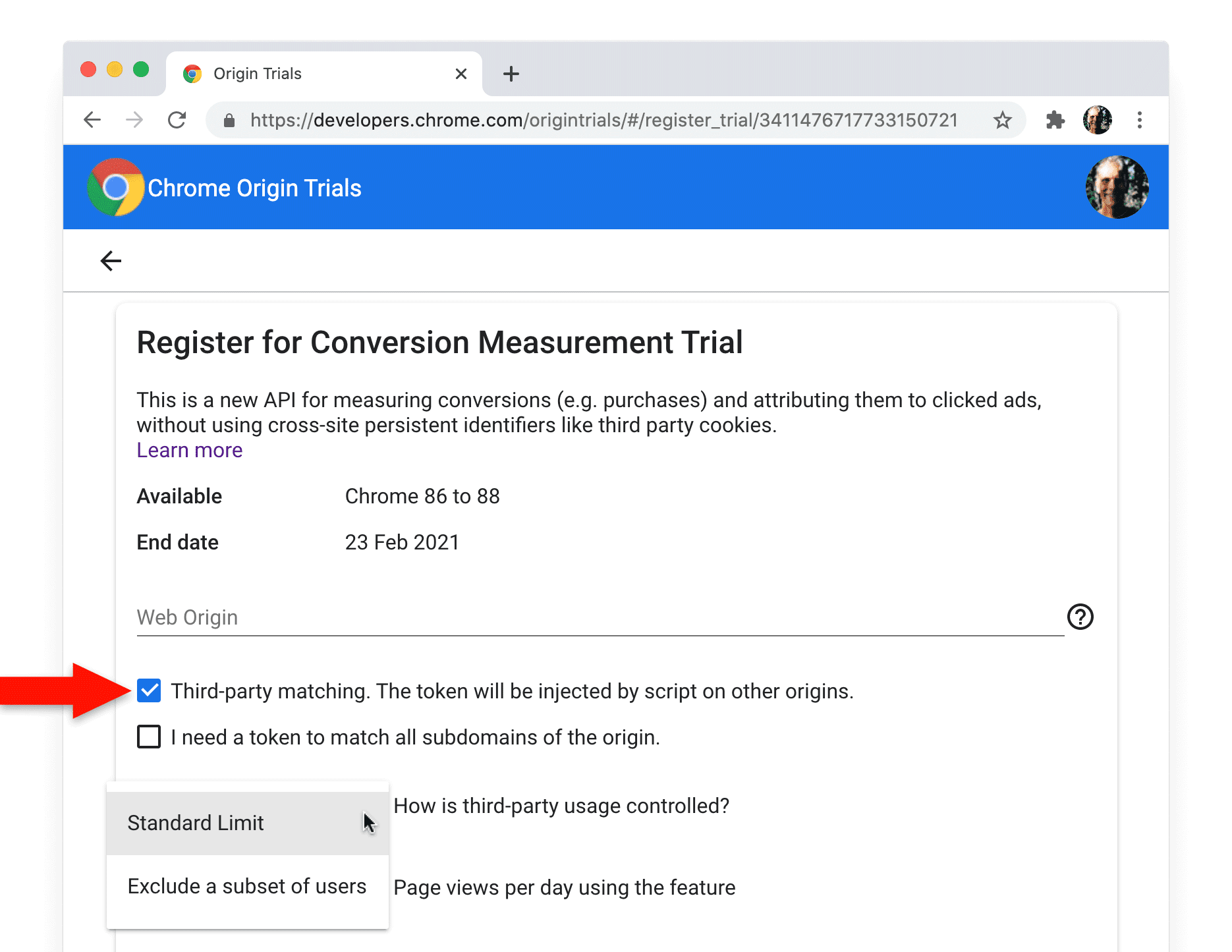 Halaman pendaftaran uji coba origin Chrome untuk Conversion Measurement API, dengan kotak centang pencocokan pihak ketiga dipilih.