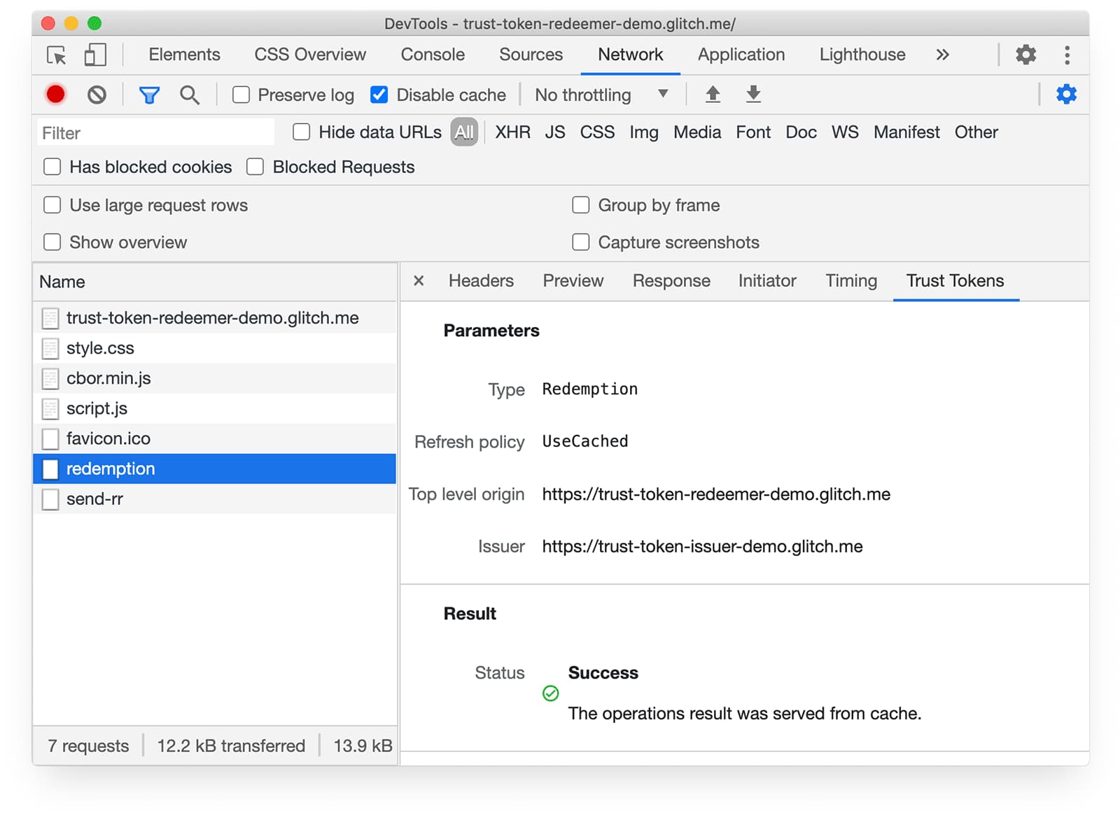 屏幕截图：Chrome DevTools 的“Network”标签页中的“Trust Tokens”。