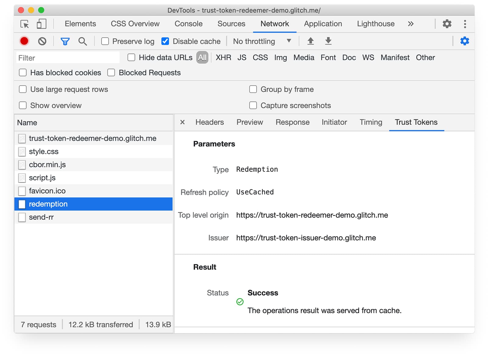 Снимок экрана, на котором показаны токены доверия на вкладке "Сеть Chrome DevTools".