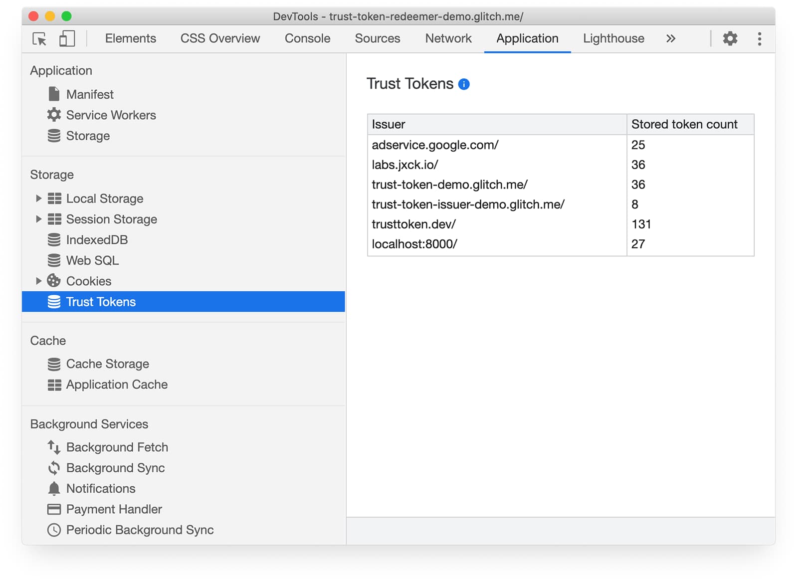 لقطة شاشة تعرض الرموز المميّزة Trust Token في علامة التبويب &quot;تطبيق Chrome DevTools&quot;.