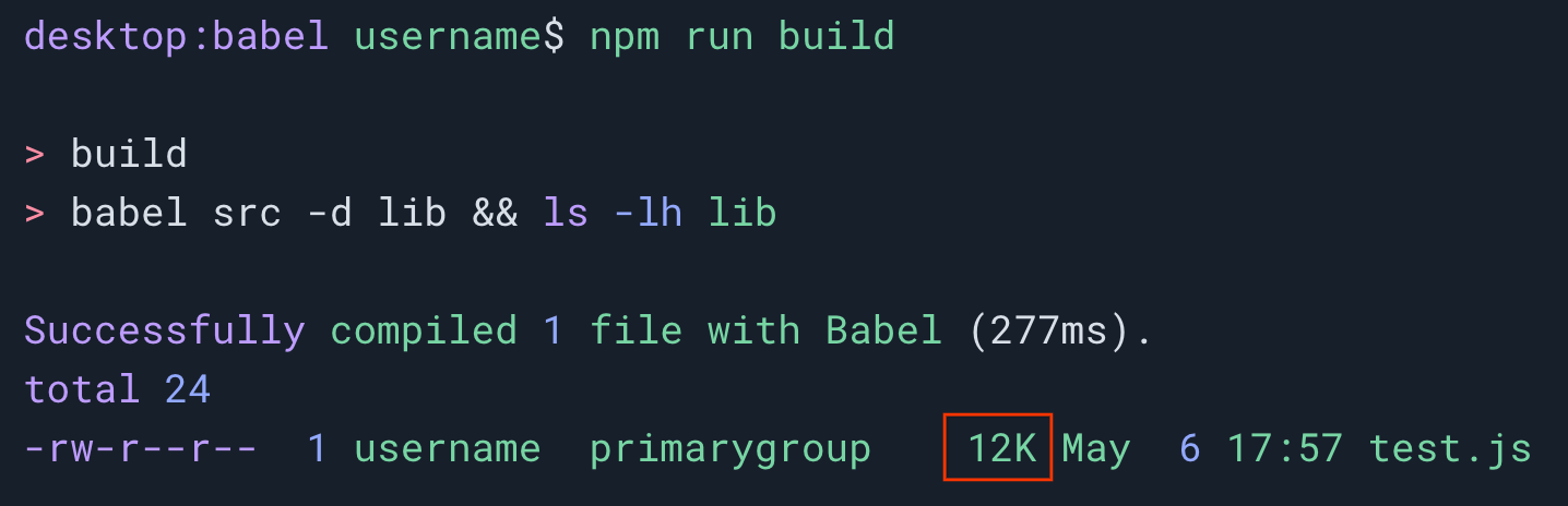 جلسة طرفية توضّح أنّه تم تنفيذ الأمر npm run build على ملف JavaScript يُسمى test.js. يبلغ حجم ملف الإخراج 12 كيلوبايت.