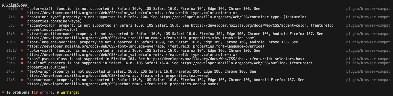 รายการคำเตือนจาก Stylelint ที่ไฮไลต์โค้ด CSS ที่ใช้ในเบราว์เซอร์รุ่นเก่าไม่ได้