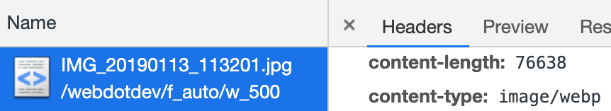 Chrome DevTools mostrando o cabeçalho de tipo de conteúdo WebP para o arquivo enviado pelo Cloudinary