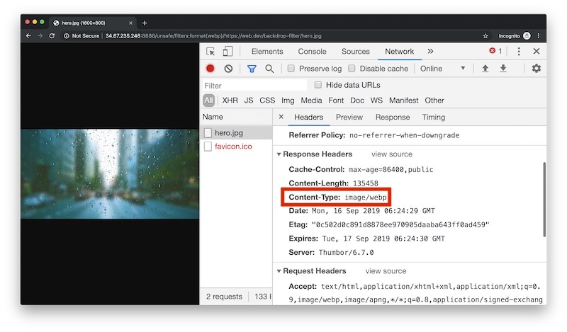 Bir resmin içerik türünü (WebP) gösteren DevTools ekran görüntüsü