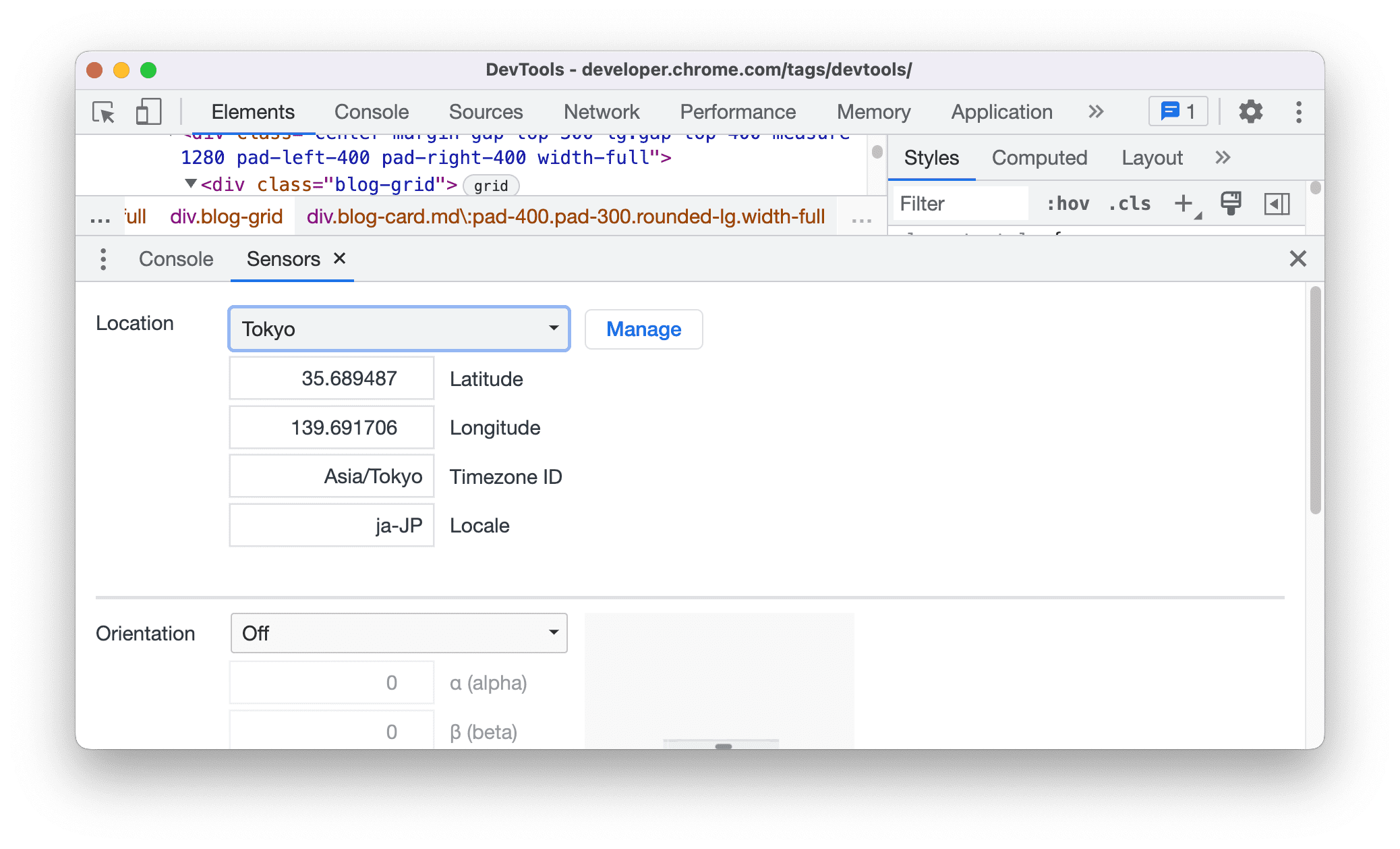 The sensor tab in DevTools.