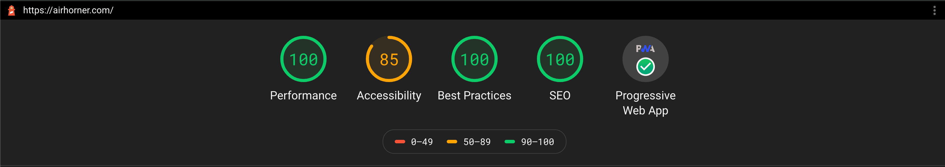 ภาพหน้าจอแสดงคะแนน Lighthouse ของ AirHorn พร้อมป้าย PWA และคะแนนประสิทธิภาพคือ 100