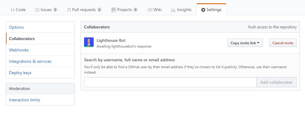 Status de colaborador do bot do Lighthouse