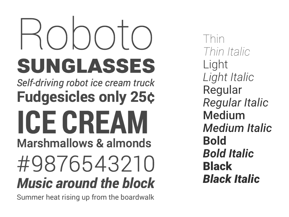 Roboto 제품군의 다양한 스타일의 표본 구성 및 목록