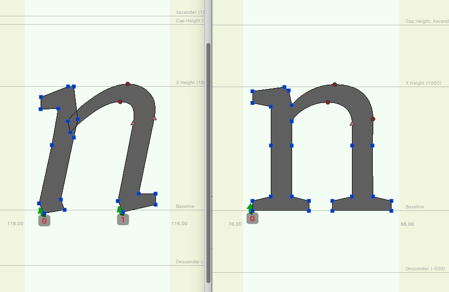 Ejemplo de los ejes de peso para el tipo de letra Amstelvar