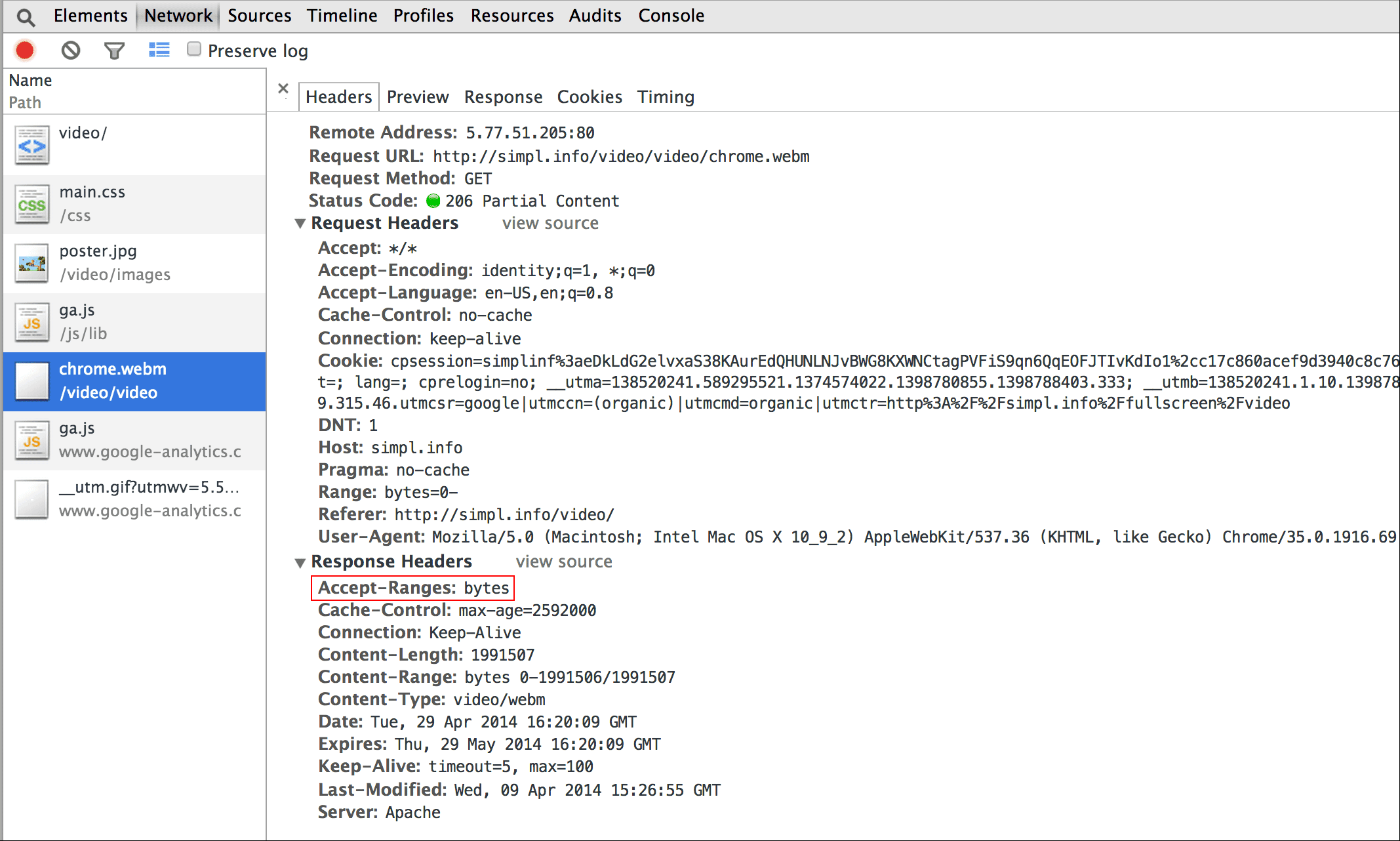 Screenshot di Chrome DevTools: Intervalli di accettazione: byte.