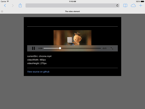 iPad의 Safari에서 재생되는 동영상의 스크린샷, 가로 모드