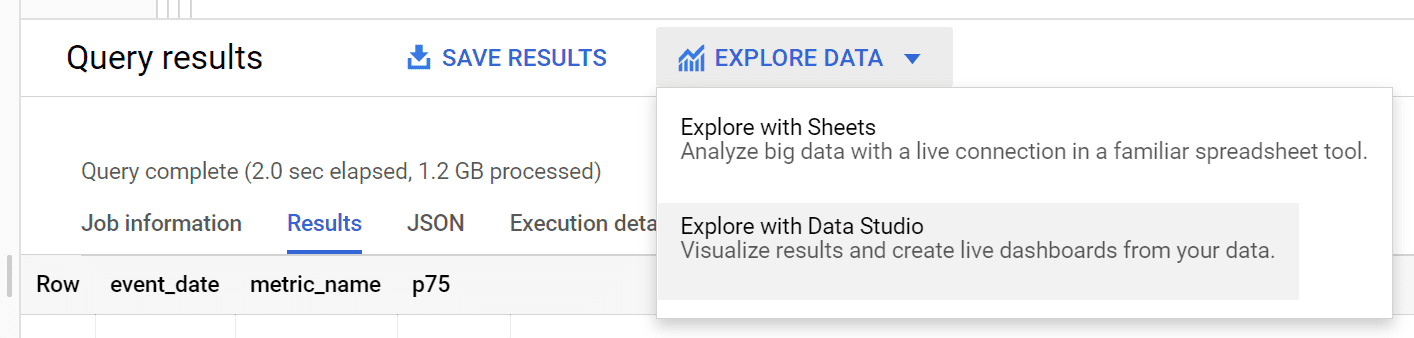 خيار &quot;الاستكشاف باستخدام Looker Studio&quot; في BigQuery