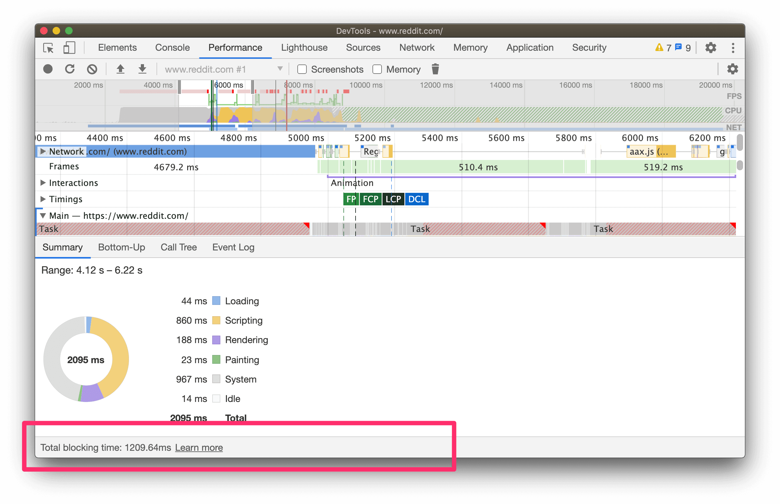 DevTools 성능 패널의 바닥글에 표시된 총 차단 시간