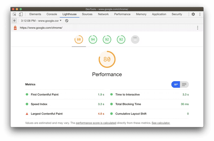 Chrome DevTools में Lighthouse रिपोर्ट. इस रिपोर्ट में, स्कोर को पांच कैटगरी में बांटा गया है. रिपोर्ट में &#39;परफ़ॉर्मेंस&#39; कैटगरी पर फ़ोकस किया गया है. इसके नतीजे, रिपोर्ट विंडो में सबसे नीचे दिखते हैं.