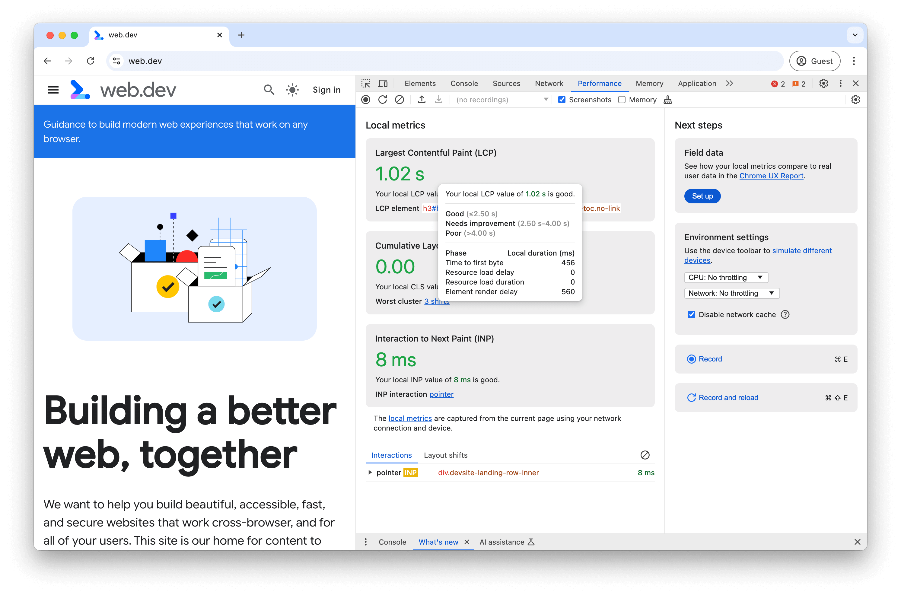 Visualização de métricas em tempo real no painel Performance do Chrome DevTools