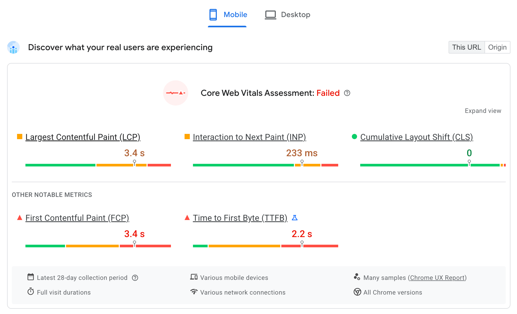 PageSpeed Insights에서 URL의 코어 웹 바이탈의 CrUX 데이터를 묘사하는 방식을 보여주는 스크린샷 각 코어 웹 바이탈은 별도로 표시되며, 지난 28일 동안의 각 코어 웹 바이탈은 &#39;좋음&#39;, &#39;개선 필요&#39;, &#39;나쁨&#39; 기준점으로 그룹화됩니다.