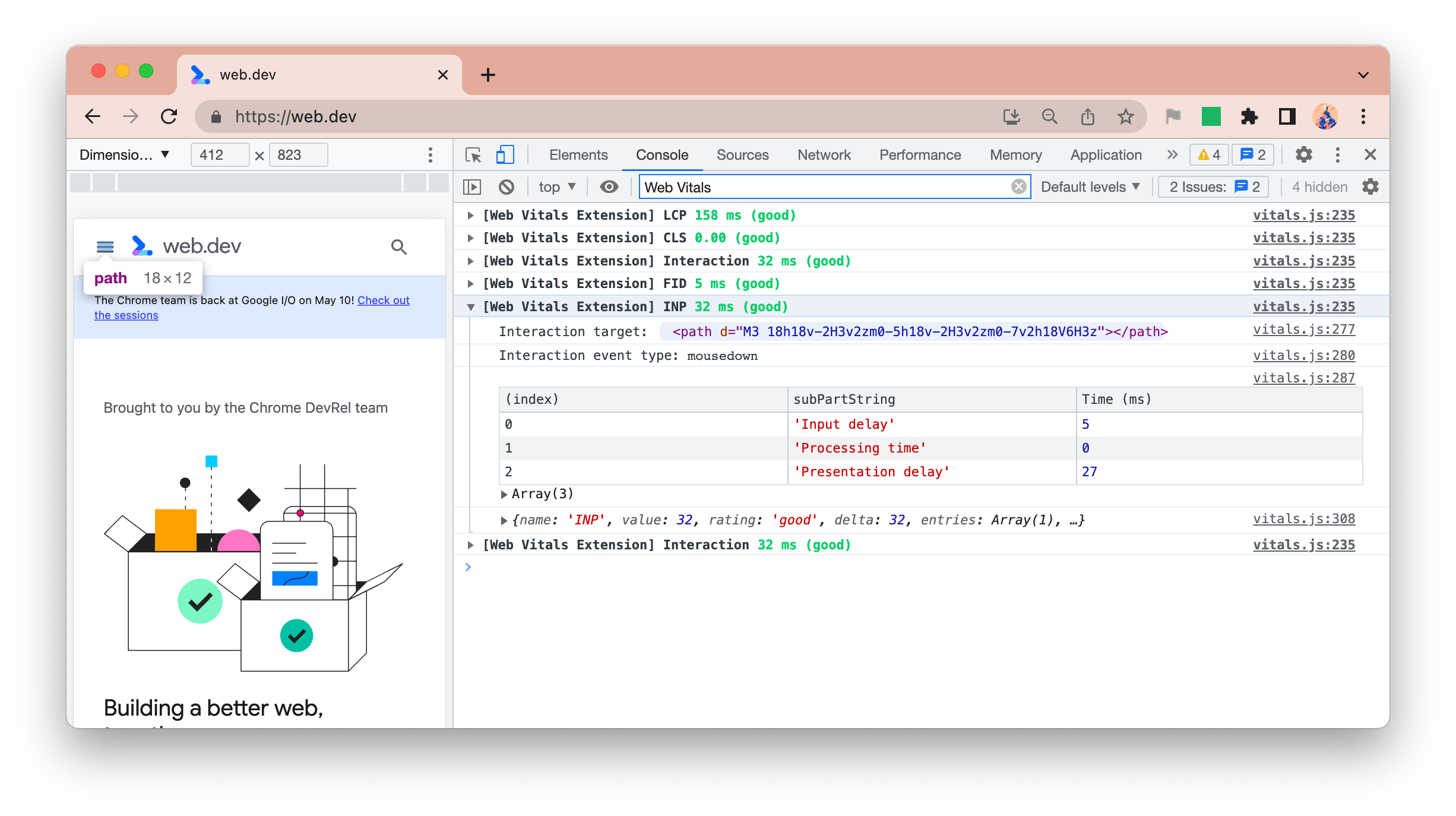 Journalisation de la console de l&#39;extension Web Vitals indiquant la cible, le type d&#39;événement et la répartition de l&#39;INP