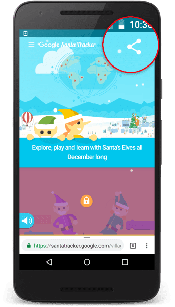 Приложение Santa Tracker с кнопкой «Поделиться».