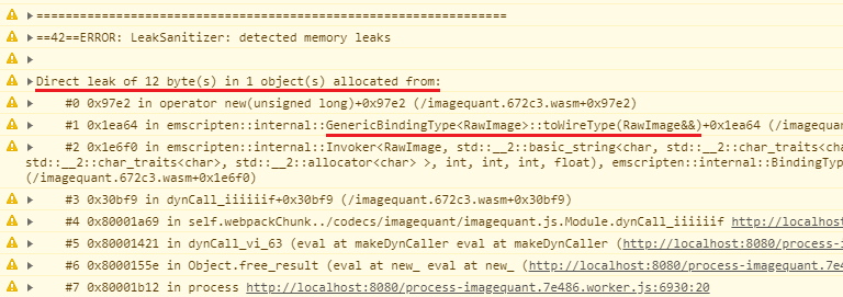 Captura de pantalla de un mensaje que dice &quot;Fuga directa de 12 bytes&quot; proveniente de una función GenericBindingType RawImage ::toWireType