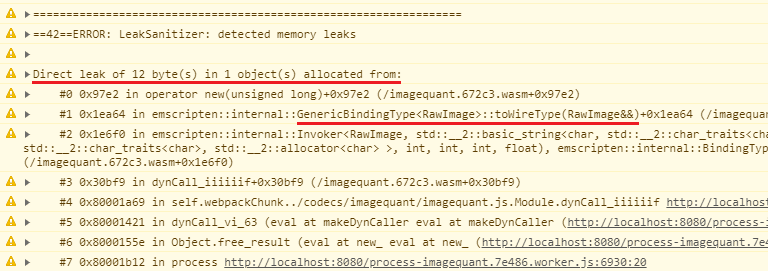 Screenshot pesan yang bertuliskan &#39;Kebocoran langsung 12 byte&#39; yang berasal dari fungsi GenericBindingType RawImage ::toWireType
