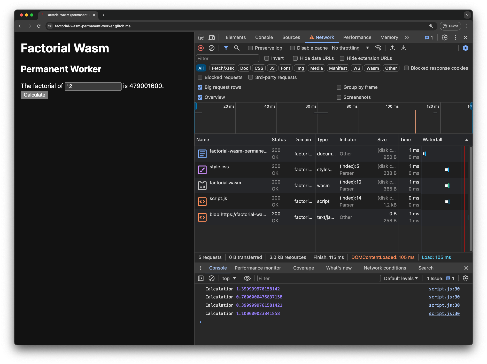 包含永久性 Worker 的 Factorial Wasm 演示版应用。Chrome 开发者工具已打开。“Network”（网络）标签页中只有一个 blob，即网址请求，控制台会显示四种计算时间。