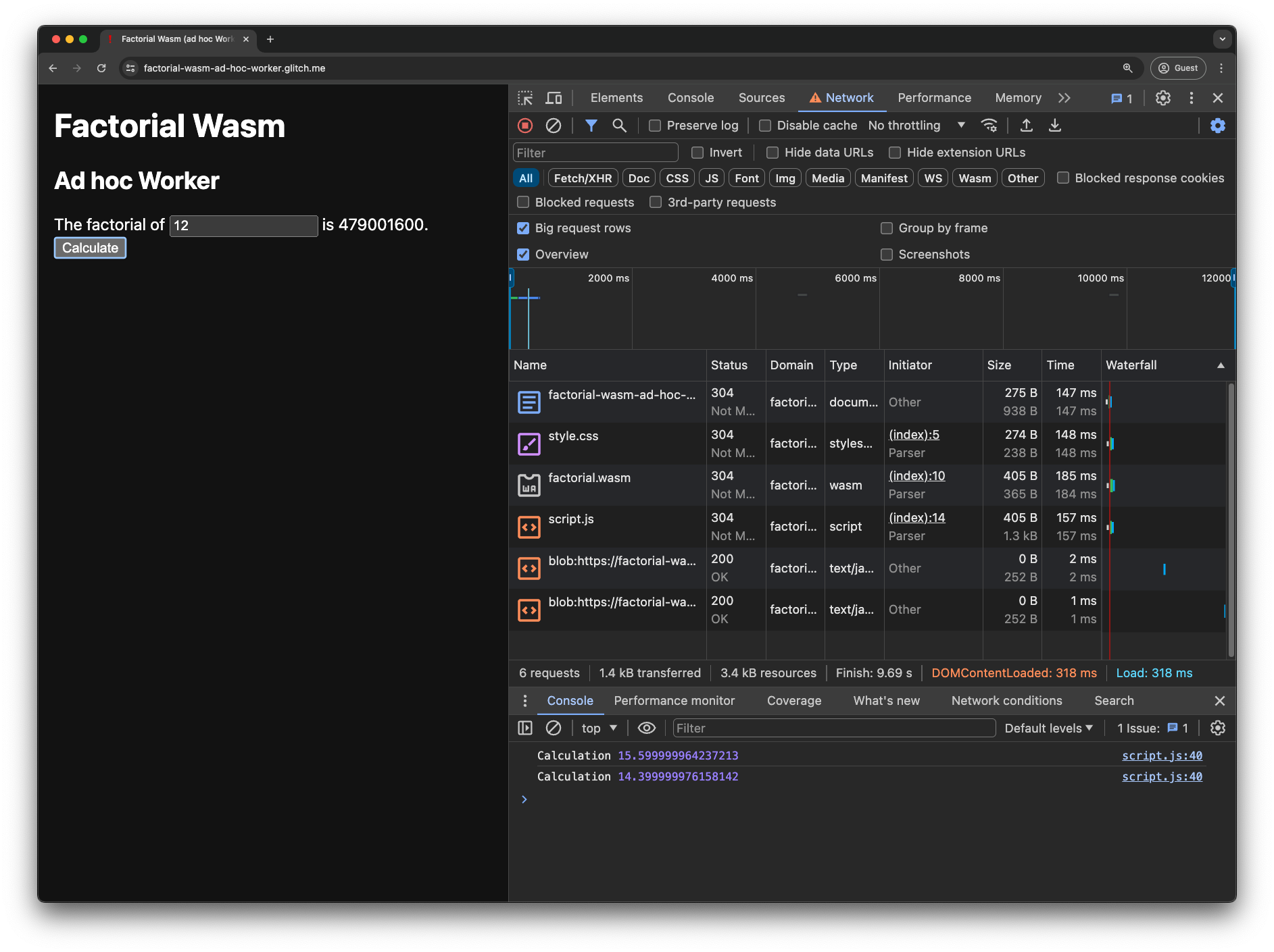 包含临时 Worker 的 Factorial Wasm 演示应用。Chrome 开发者工具已打开。有两个 Blob：网络标签页中的网址请求，以及控制台显示的两个计算时间。