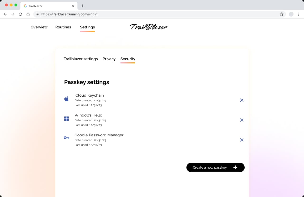 La configuración de la llave de acceso en la página de configuración de seguridad muestra información detallada sobre cada llave de acceso.