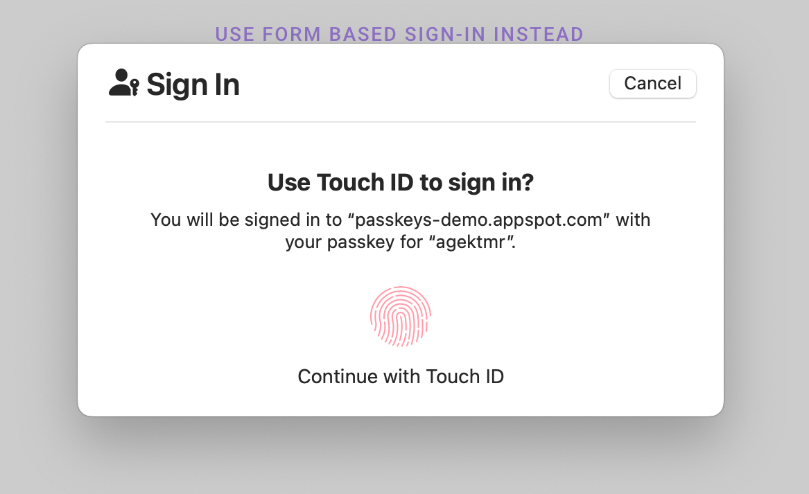 Screenshot dialog verifikasi pengguna di Rantai Kunci iCloud di macOS. Dialog meminta pengguna untuk login menggunakan Touch ID, yang menampilkan origin yang meminta autentikasi, serta nama pengguna. Di kanan atas dialog terdapat tombol berlabel &#39;Cancel&#39;.