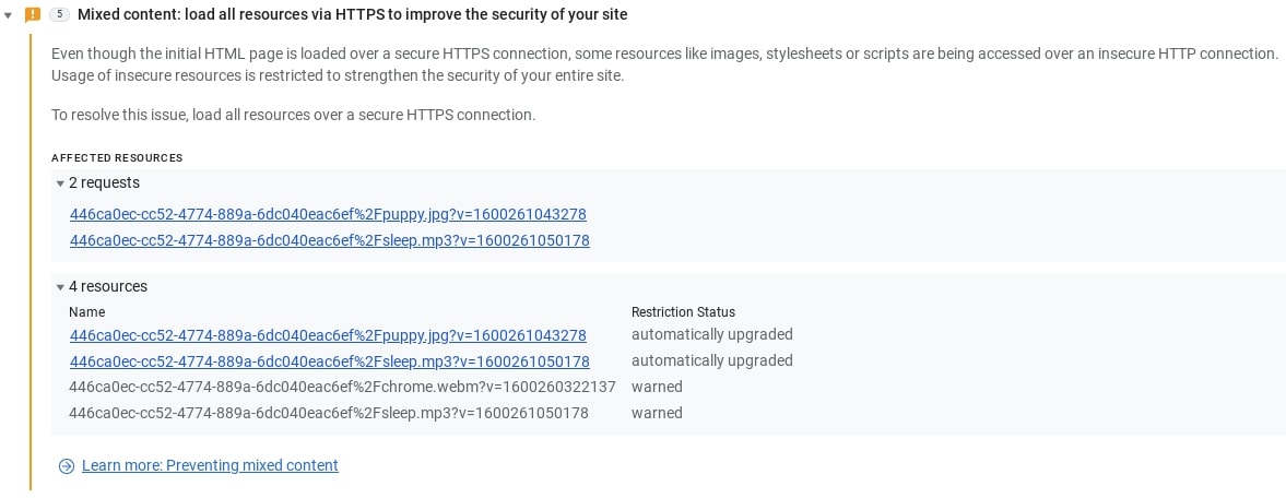 A guia &quot;Issues&quot; no Chrome DevTools mostra informações detalhadas sobre o problema específico de conteúdo misto e como corrigi-lo.