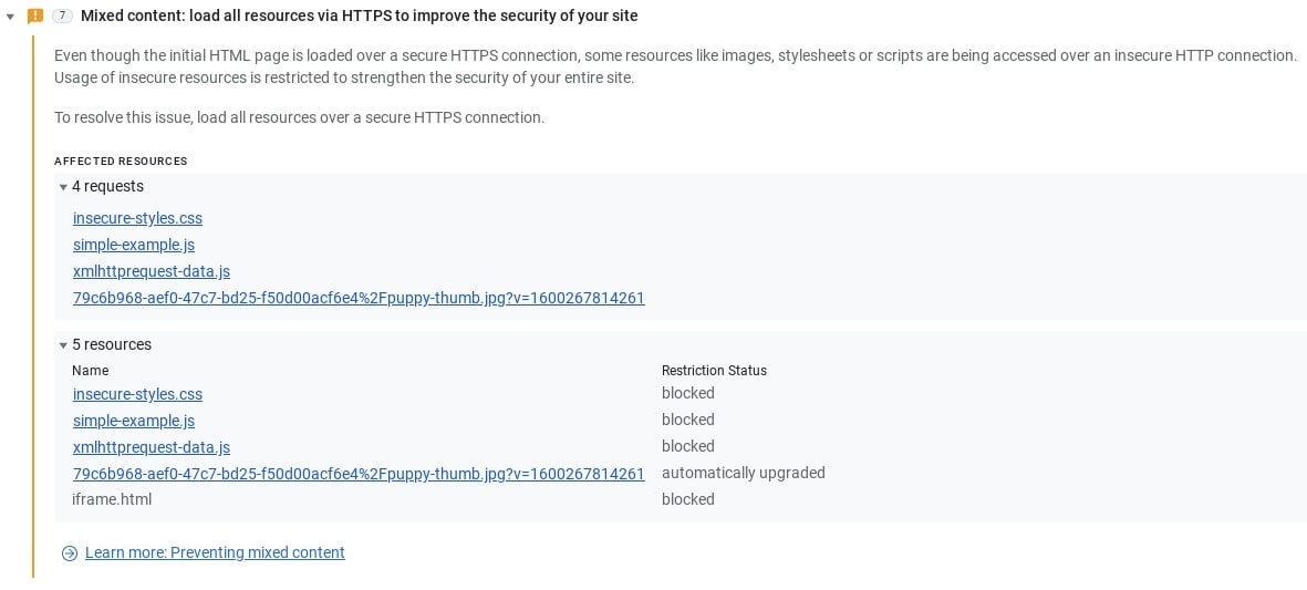 تعرِض علامة التبويب &quot;المشاكل&quot; في &quot;أدوات مطوّري البرامج في Chrome&quot; معلومات تفصيلية عن مشكلة المحتوى المختلط المحدّدة وكيفية حلّها.