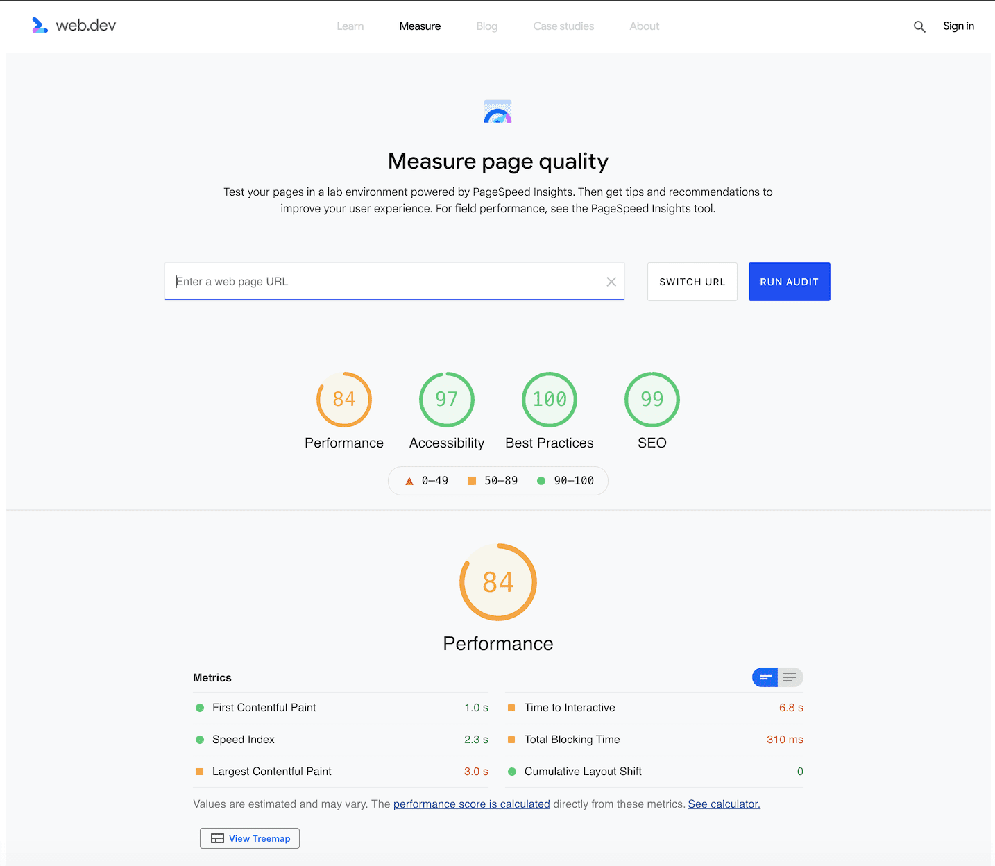 Die aktualisierte Version des Analysetools, die sich auf die Messung der Seitenqualität konzentriert.