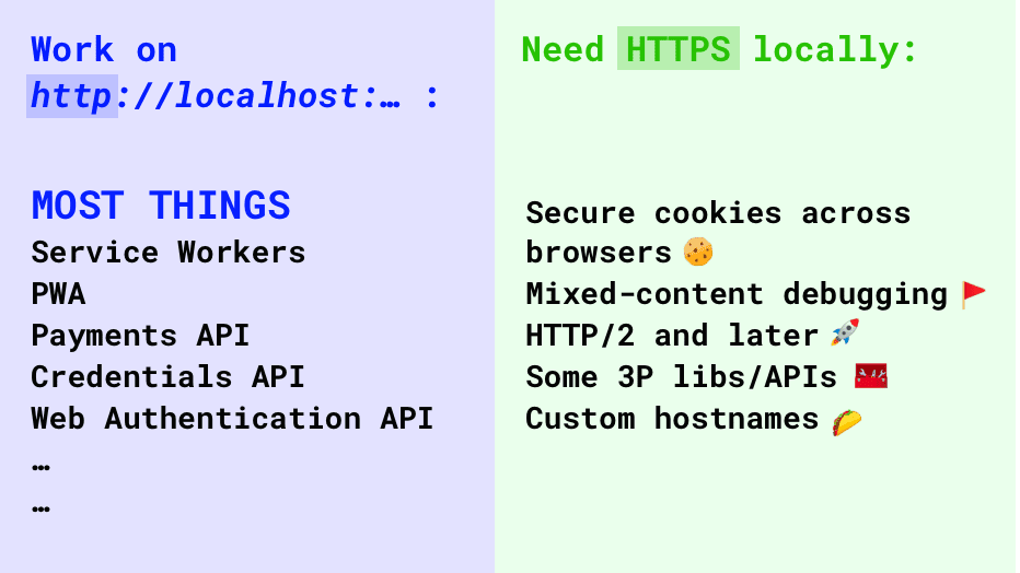 স্থানীয় উন্নয়নের জন্য আপনাকে যখন HTTPS ব্যবহার করতে হবে তার একটি তালিকা।