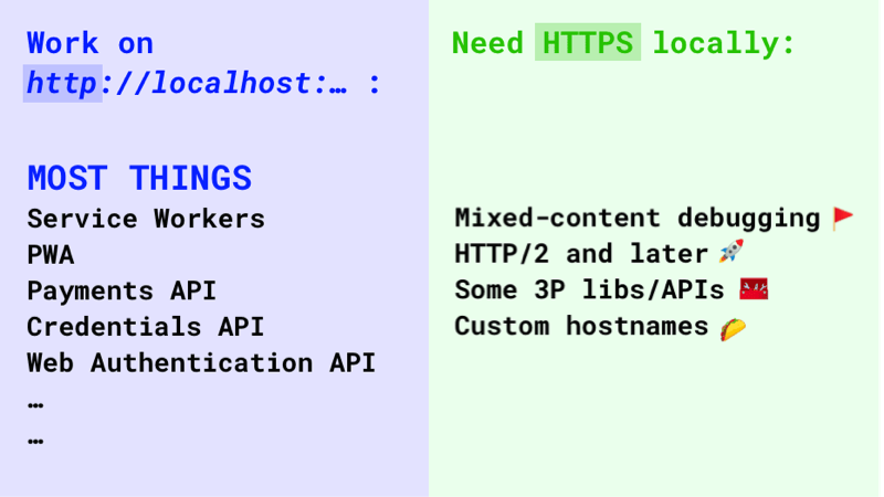 Uma lista de casos em que você precisa usar o HTTPS para desenvolvimento local.